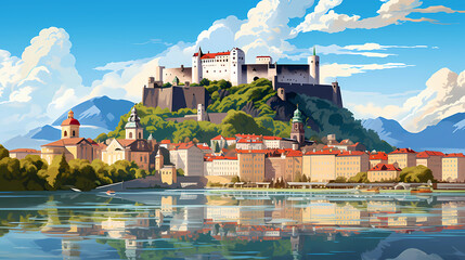 Illustration of beautiful view of Salzburg, Austria