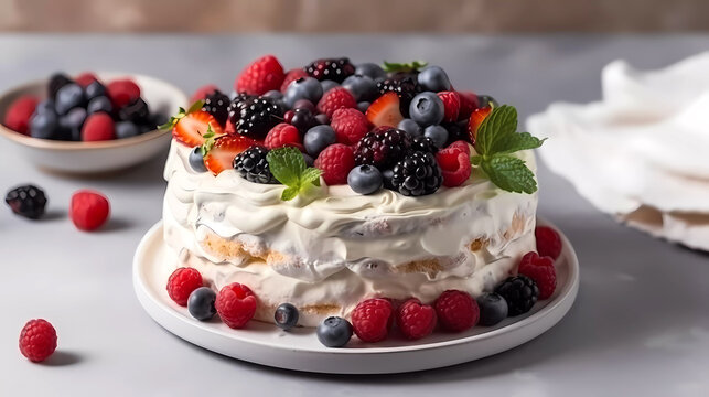Berry cake with wrapped cream and fresh berries on a white background. Generative AI technology.