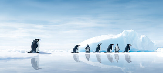 Fototapeta premium Emperor Penguins on the ice. north pole arctic with group penguins landscape