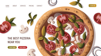 Pizza Margherita with tomatos and mozzarella. Italian cuisine, healthy food, cooking, restaurant menu, eating, recipes concept. Vector illustration for website, menu, banner.