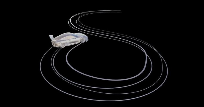 3D animation of a sports car driving rings in silver and black with skid marks