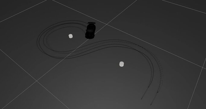 3D animation of a sports car driving rings in grey and black with gridlines