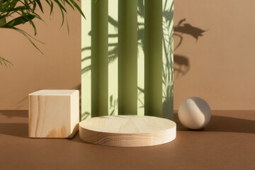 Wooden podium on an abstract green and beige background with the shadow of palm leaves. Empty scene...