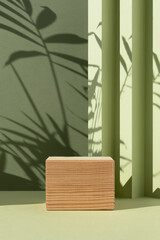 Wooden podium on an abstract green background with a shadow of palm leaves. A scene with a geometric background. Backdrop for the product presentation. Empty showcase.