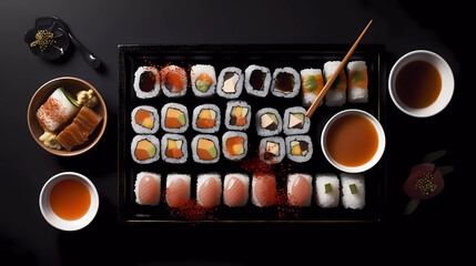 Black surface, sushi on tray, sauce, sushi chopsticks, top down view. Generative AI technology.