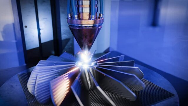 A modern 3D printer is printing a metal turbine. The future of machine part manufacturing. 3d render, time lapse video
