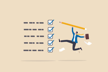 Complete task get work done, accomplish work or finish checklist, project management or good result survey, productive concept, happy businessman jumping high after completed tasks or accomplish work. - obrazy, fototapety, plakaty