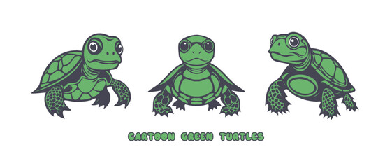 Vector set of graphic cartoon green turtles on a white isolated background. Marine reptiles. Icons, stickers or emblems.