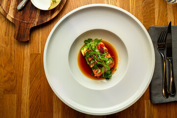 salmon tataki with soy and herbs