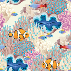 Sea wildlife with corals and fish seamless pattern - 633316674