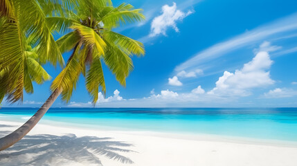 Beautiful beach with turquoise white sand with clouds and palm trees above the water on a sunny day AI illustrations