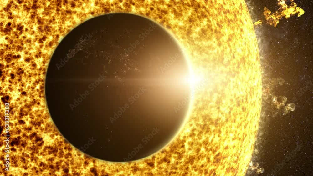 Poster A captivating motion graphic visuals of planet Earth passing the Sun causing an eclipse that partially obscuring the solar brilliance