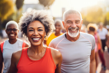 Close-up portrait of happy active middle-aged couple jogging in park together. Seniors doing sports outdoors.