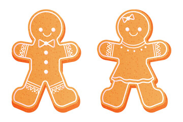 Gingerbread man and woman cute christmas cookies textures with decorations in cartoon style isolated on white background.