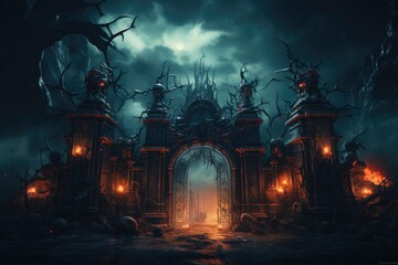 Gate with Halloween theme background. scary cemetery gate. Generative AI - obrazy, fototapety, plakaty