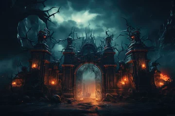 Fototapete Alte Türen Gate with Halloween theme background. scary cemetery gate. Generative AI