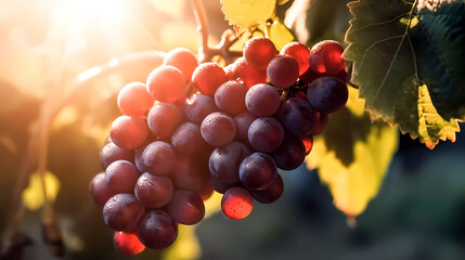 A branch of red grapes against a bright sun. Generative AI technology.