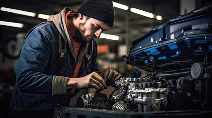 Fototapeta na wymiar Automotive repair as an expert auto repair specialist focuses on fixing a damaged exhaust muffler, ensuring quieter operation and reducing harmful emissions. Generated by AI.