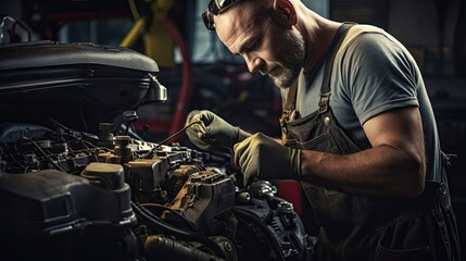 Auto technician dedicatedly repairing the car's fuel injection system, optimizing fuel-air mixture and maintaining the vehicle's efficiency and environmental performance. Generated by AI.