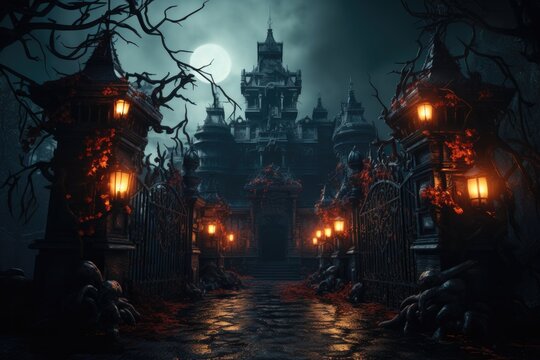 Gate with Halloween theme background. scary cemetery gate. Generative AI