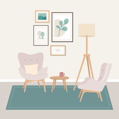 Living room furniture interior flat style. Romantic, gentle style. Lounge zone. Vector armchair, posters, table, floor lamp illustration