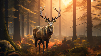 Red deer in the morning sun. Generative AI