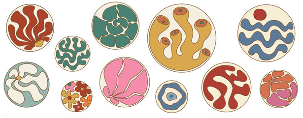 Vintage Doodle Curve Aestethic Sticker Set in Round Shape. Groovie Abstract Flower, Coral, Seashell, Wave in Retro Style. Organic Hippie Backgrounds for T-Shirts, Wallpaper, Case Phone. Vector