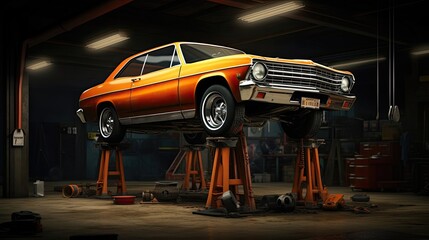 Car to reach the undercarriage for repairs, utilizing lifting equipment to facilitate efficient inspection and servicing of vital mechanical and structural elements. Generated by AI.