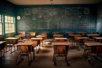 An empty classroom with desks neatly arranged and a chalkboard filled with mathematical equations