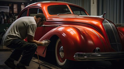 Car for a fresh paint job follows comprehensive body repairs, as skilled technicians ensure every surface is primed and ready. Generated by AI.