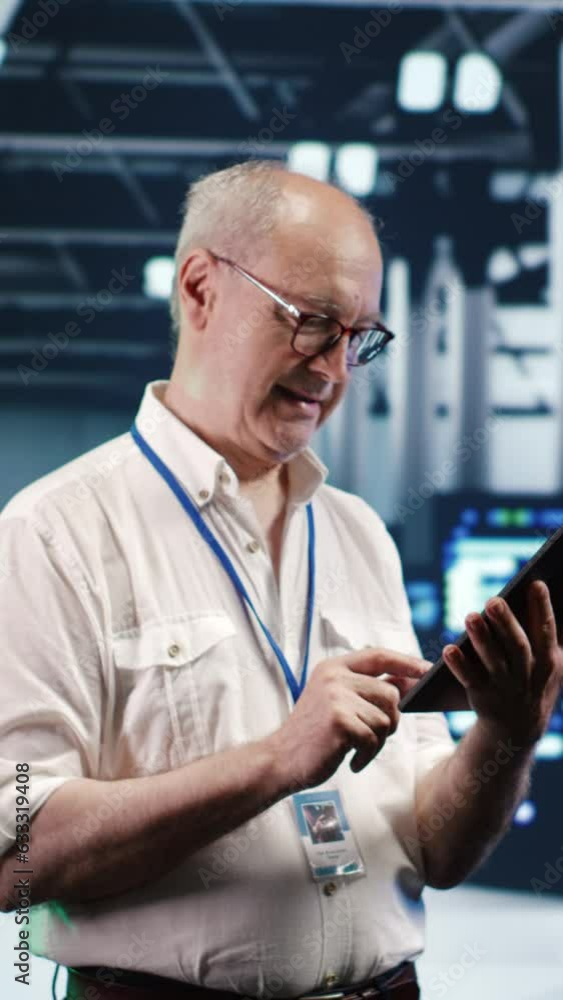 Poster vertical video precise it professional navigating network of server rows in industrial hub. computer