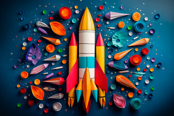 Launch of a rocket made with colored pencils.