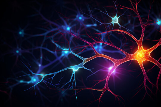 Neural network illustration with vibrant pathways, neuron  