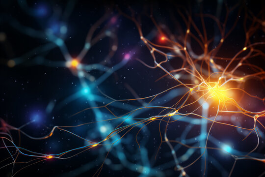 Neural network illustration with vibrant pathways, neuron  