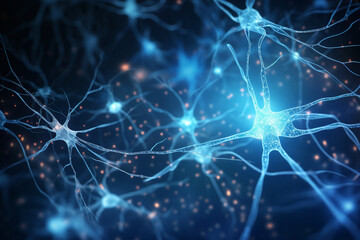 Naklejka na ściany i meble Neurons with data flowing along their pathways, neuron Generative AI