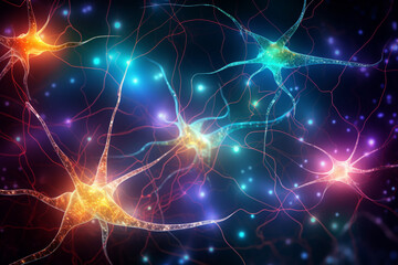 Naklejka na ściany i meble Neurons glowing in different colors to depict communication, neuron Generative AI