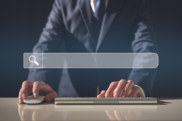 SEO, Data Search Technology Search Engine Optimization.  businessman using keyboard and mouse search bar Searching for information. Using Search Console with your website, internet networking concept