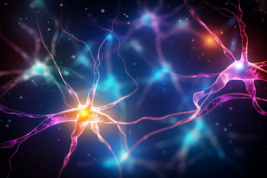 Neurons glowing in different colors to depict communication, neuron Generative AI