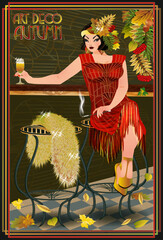Art deco autumn woman with wineglass, invitation card, vector illustration