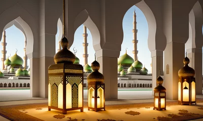 Fotobehang Eid Mubarak Ramadan Kareem islamic muslim holiday background. Ornamental Arabic lantern. and glittering golden bokeh lights. Festive greeting card, month Ramadan Kareem. Generative AI © Celt Studio