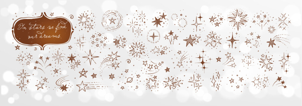 Collection of doodle stars on white glowing background. Vector sketch illustration