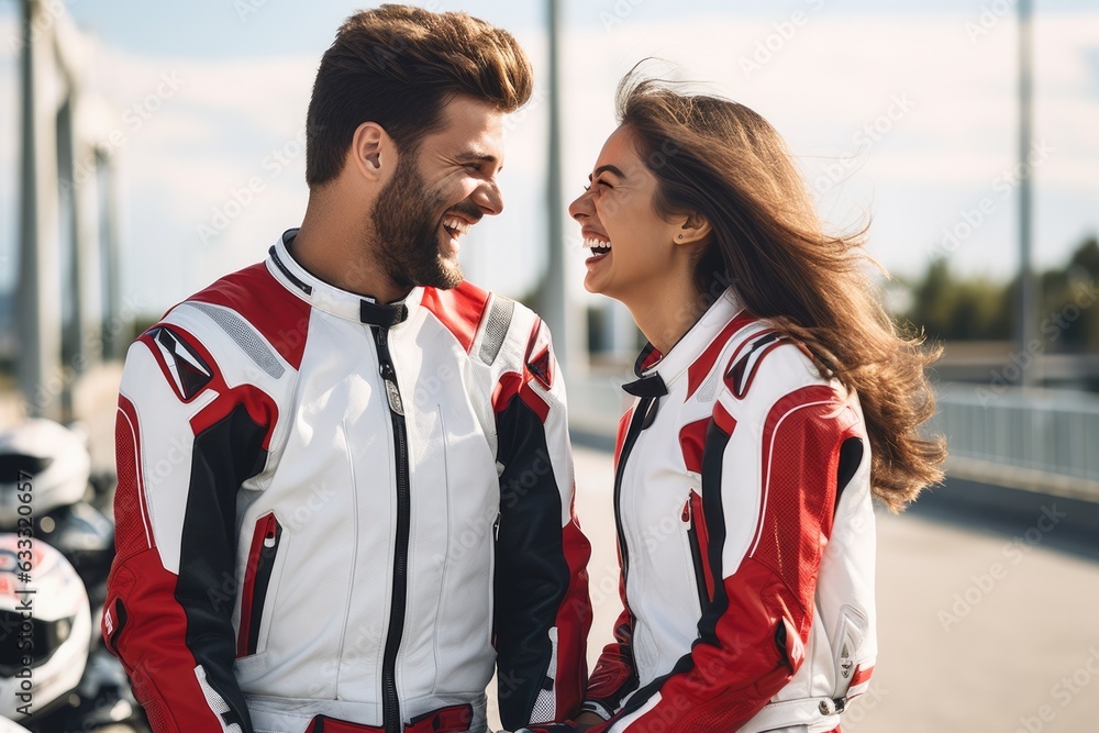 Wall mural Young cool couple wearing motorcycle gear and helmets, AI Generated