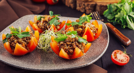 Tasty red stuffed tomatoes with rice and minced meat