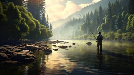 Fisherman skillfully unhooks a fish, allowing it to return to its underwater habitat. His careful gestures and considerate actions reflect a dedication. Generated by AI.