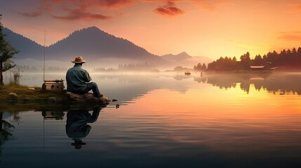Fisherman enjoying the tranquility of fishing on a peaceful riverbank, his line cast with purpose and anticipation. Generated by AI.