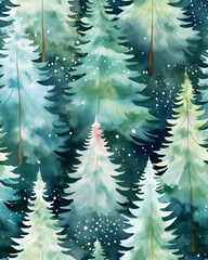 Seamless watercolor pattern with snowy Christmas trees