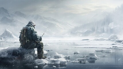 Fisherman patiently awaiting a bite during an ice fishing expedition, his presence a testament to the art of angling in frozen waters. Generated by AI.