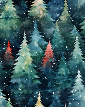 Seamless Watercolor Pattern With Snowy Christmas Trees