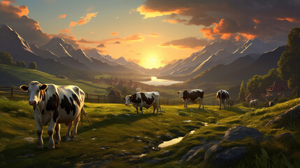 Cows on the meadow at sunset. Generative AI