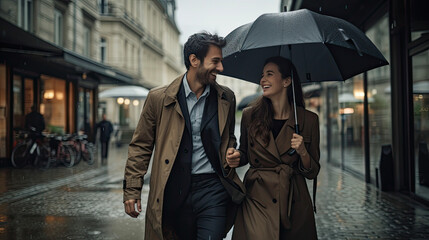 A young man and woman couple happily walking in rainy european downtown.jpeg